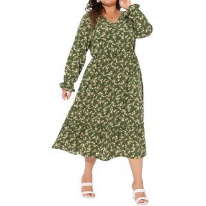 Plus Size Boho Floral V Neck Long Sleeve Ruffle Hem Long Dress Olive Green